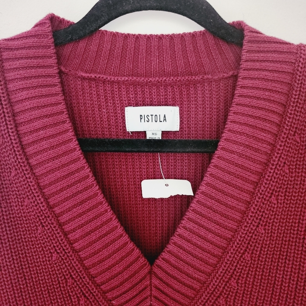 PISTOLA Evereve Merlot Red Slouchy V-Neck Ribbed Cableknit Sweater - Picture 3 of 7